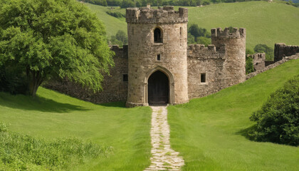 Ancient stone castle surrounded by lush green grass