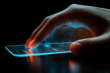 Hand interacting with a futuristic glowing touch screen in a dark setting