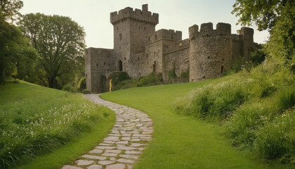 Ancient stone castle surrounded by lush green grass