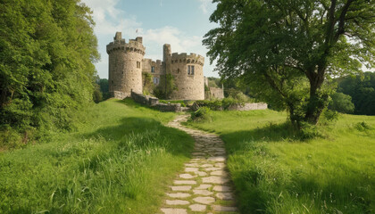 Ancient stone castle surrounded by lush green grass