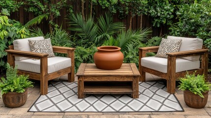 Patio furniture seating and minimal, A cozy outdoor seating area featuring two wooden armchairs, a central table, a decorative pot, and lush greenery surrounding a stylish rug.