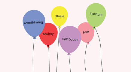 A conceptual illustration of colorful balloons labeled with negative emotions like stress, fear, and anxiety. A message of letting go and emotional freedom.