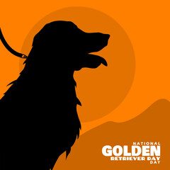 Naklejka premium National Golden Retriever Day to celebrate on February 3rd. Silhouette of a golden retriever dog on orange background. Animal event banner.
