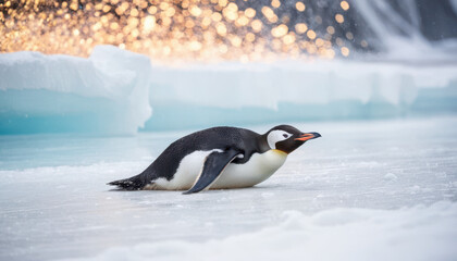 Obraz premium Close-up of penguin sliding across ice with sparkling snow and blurred penguin background