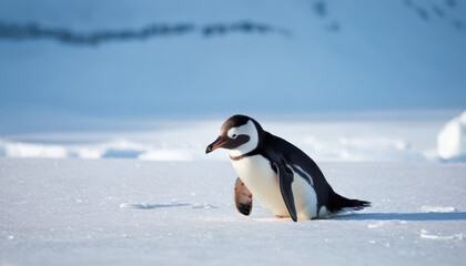 Fototapeta premium Close-up of penguin sliding across ice with sparkling snow and blurred penguin background