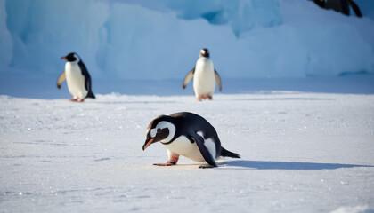 Obraz premium Close-up of penguin sliding across ice with sparkling snow and blurred penguin background