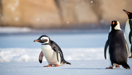 Obraz premium Close-up of penguin sliding across ice with sparkling snow and blurred penguin background