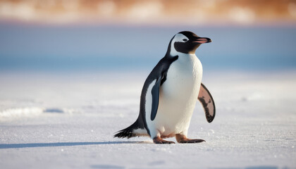 Naklejka premium Close-up of penguin sliding across ice with sparkling snow and blurred penguin background