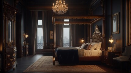 A stunning bedroom with a large four-poster bed, fine silk sheets, and an intricate chandelier, set against dark, elegant walls and soft, warm lighting