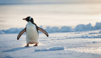 Obraz premium Close-up of penguin sliding across ice with sparkling snow and blurred penguin background