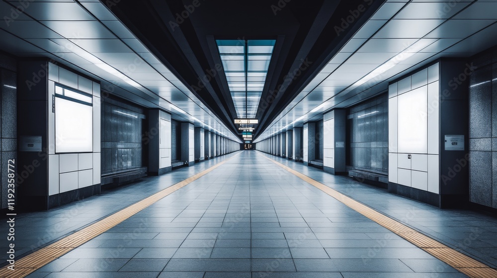 Aufkleber a subway tunnel lit by soft, overhead lighting, with clean lines along the tracks and smooth concret