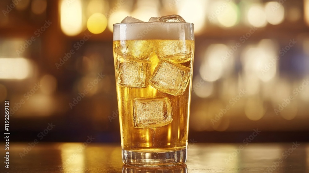 Aufkleber a tall glass of beer with large ice cubes inside, set on a smooth countertop with natural light refl