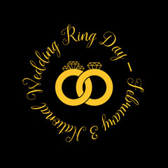 National Wedding Ring Day to celebrate on February 3rd. Illustration of a pair of gold rings with diamonds surrounded by calligraphic text on black background.