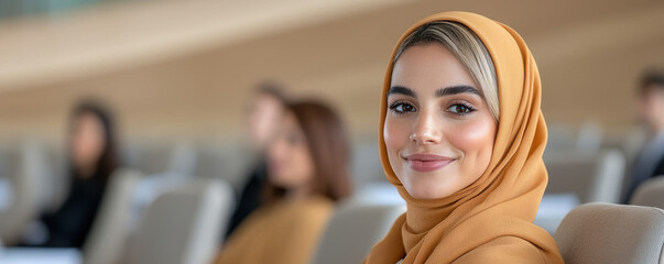 Empowered woman conference setting with diverse teamwork multicultural to adaptability concept