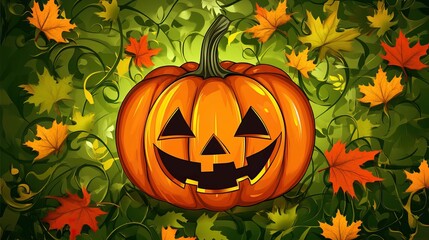 A cheerful jack-o'-lantern surrounded by colorful autumn leaves and vines.