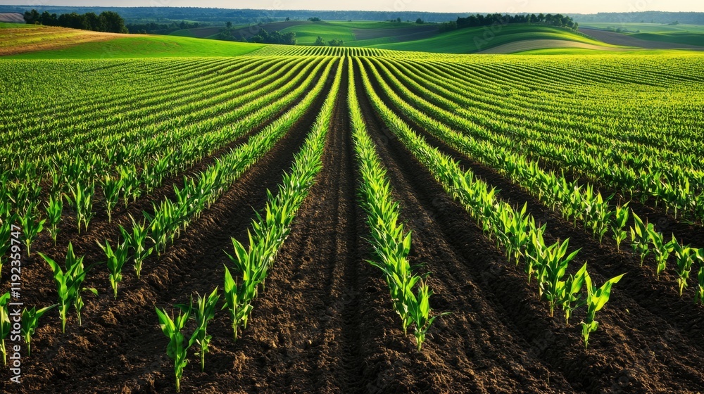 Aufkleber A top-down view of a lush cornfield with neatly aligned rows of corn plants, creating a geometric pattern on the field, under the soft light of midday
