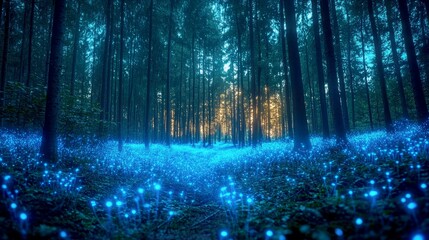 Enchanted Forest at Night: A Magical Landscape of Glowing Blue Lights