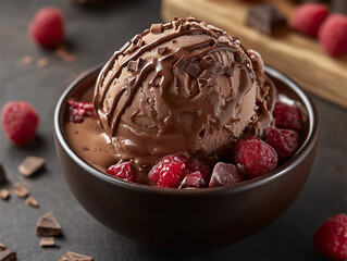 Food Photo: A Bowl of Delicious Chocolate Ice Cream Scoop with Berry