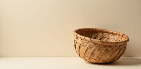 Fototapeta premium A delicately woven, light brown wicker bowl sits on a neutral backdrop, showcasing its intricate craftsmanship and natural texture
