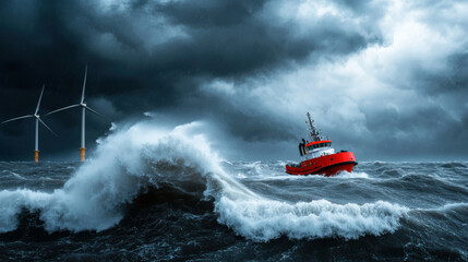 Naklejka premium tugboat navigating through stormy seas near offshore wind turbines, showcasing resilience