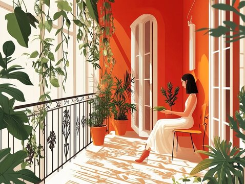 Woman tending to plants on a small, vibrant balcony with orange walls and lush greenery.