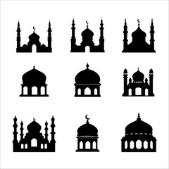 Black and White Mosque Silhouette Set, Perfect for Ramadan and Eid Themes