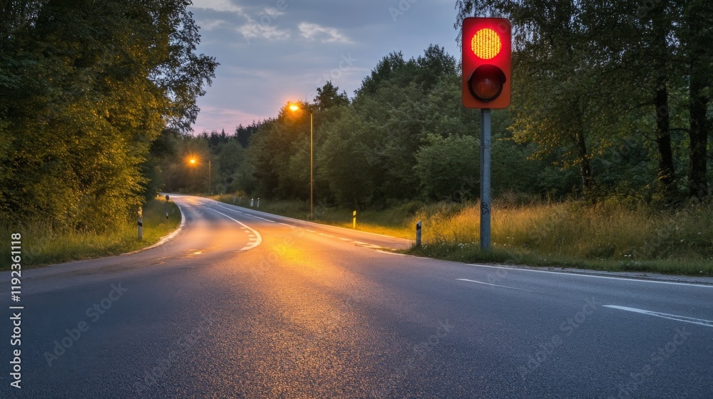 Poster a traffic light with a red signal, illuminated at dusk, with soft street lighting creating a quiet, 