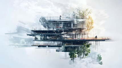 Future building construction engineering project devotion with double exposure graphic design. Building engineer, architect people or construction worker working with modern civil teamwork