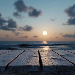 Wooden planks beach sunset ocean view.