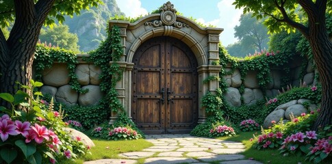 Enchanted Garden Gate  Stone Wall, Wooden Doors, Blossoming Flowers, and Lush Greenery Lead to a Serene Path