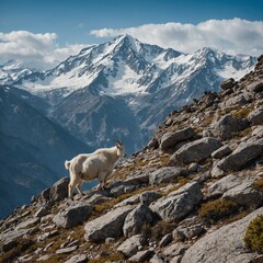 Naklejka premium A mountain goat scaling rocky terrain with distant snow-capped peaks.