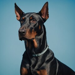 A sleek, black Doberman with alert ears and a poised stance, isolated on a smooth sky-blue backdrop.

