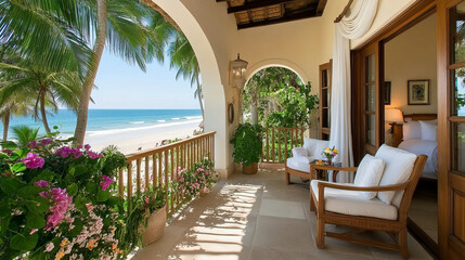 Fototapeta premium serene beachfront view from luxurious balcony, featuring tropical plants and comfortable seating. ocean waves gently lap against shore, creating peaceful atmosphere