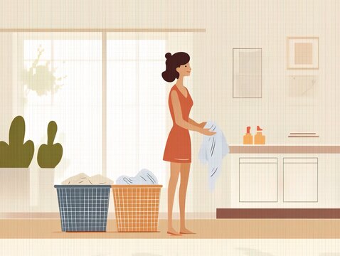 Illustration of a woman holding laundry near colorful baskets in a bright, minimalist laundry room.
