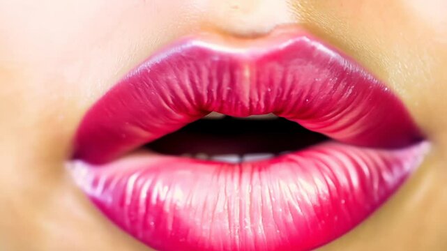 Close-up shot of female lips sending air kiss. Beautiful full pink lips perfect background for cosmetology, plastic surgery, hyaluronic acid injection, lips augmentation procedure, beauty injections