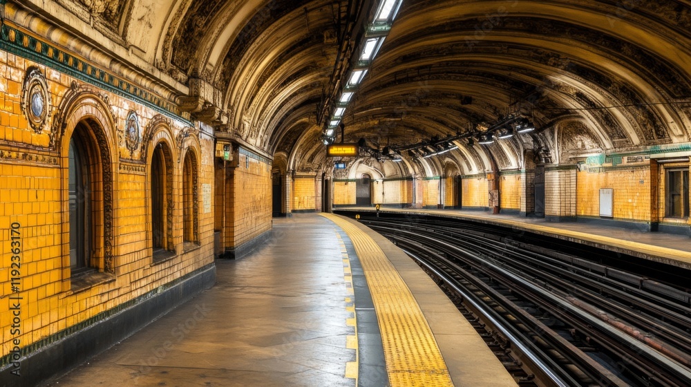 Aufkleber a wide shot of a subway tunnel with long, parallel tracks stretching ahead, with faint lighting cast
