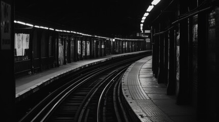 A wide shot of a subway tunnel with long, parallel tracks stretching ahead, with faint lighting casting shadows on the tunnels curved walls and floor