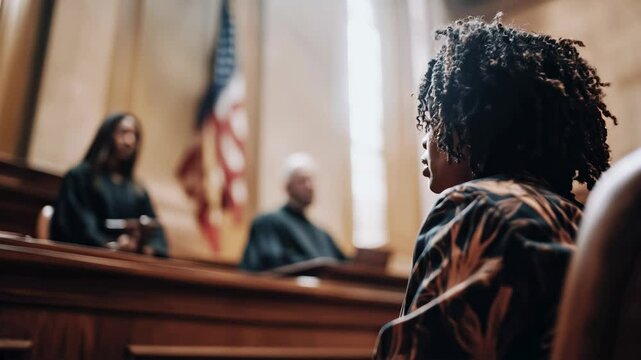 Young afro woman facing judges in courtroom hearing, making a statement in search of her innocence