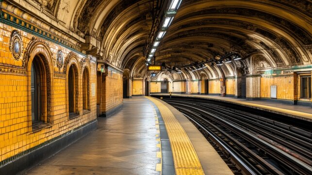 A wide shot of a subway tunnel with long, parallel tracks stretching ahead, with faint lighting casting shadows on the tunnels curved walls and floor