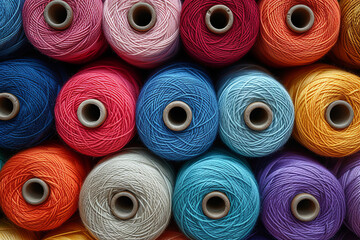 Bunch of colorful yarns are piled up in a row. Colors are bright and vibrant, creating cheerful and lively atmosphere