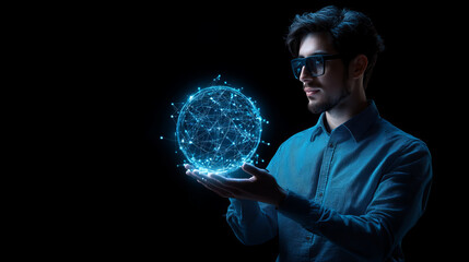 Innovative man holding glowing digital globe, symbolizing technology and connectivity. futuristic atmosphere evokes sense of exploration and discovery
