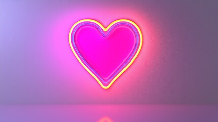 Vibrant Pink Neon Heart Sign on Purple Wall Romantic Love Concept Glowing Light