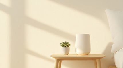 Minimalist decor featuring wooden table with succulent plant and modern vase. Soft sunlight casts shadows on wall, creating serene atmosphere