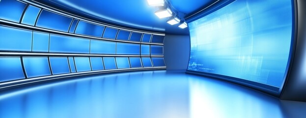 Fototapeta premium 3D Vector Blue Virtual Studio Background for News, Talk Shows, or TV Game Shows with Lighting and Screen