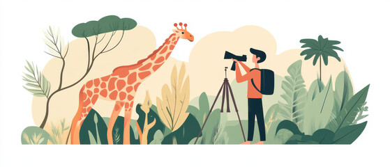 photographer capturing scenic wildlife moments with giraffe in lush environment. vibrant greenery and playful composition evoke sense of adventure and exploration