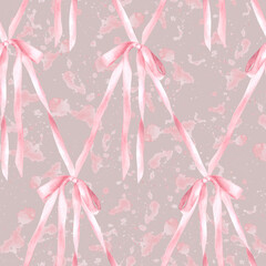 Pink bow seamless pattern on watercolor spotted, splashes rose background. Hair ribbons, Coquette style fabric in diamond lattice design. Hand drawn illustration on Isolated pastel coloured background