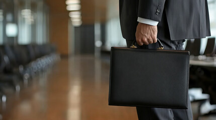 businessman in suit holds black briefcase while walking through modern office corridor, exuding professionalism and confidence