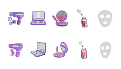 cosmetic featuring a facial massager, makeup mirror, powder compact, skincare serum bottle, and facial mask. 3D Icon High Quality Renedr