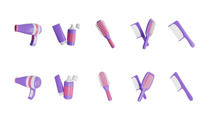 cosmetic tools featuring a hair dryer, spray bottle, round hairbrush, comb, and paddle brush. 3D Icon High Quality Renedr