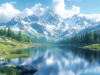 A captivating scene of a serene mountain lake reflecting the towering peaks that surround it, creating a harmonious blend of tranquility and grandeur ::2 mirror-like waters, alpine serenity, 